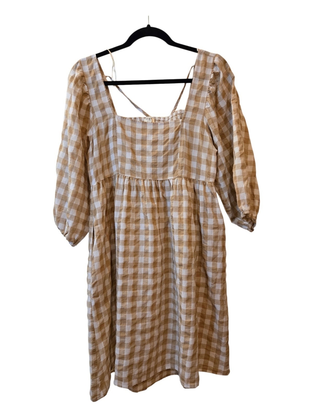 Umgee Mable Tan & White Gingham Square-Neck Puff Sleeve Midi Dress Size S Praire